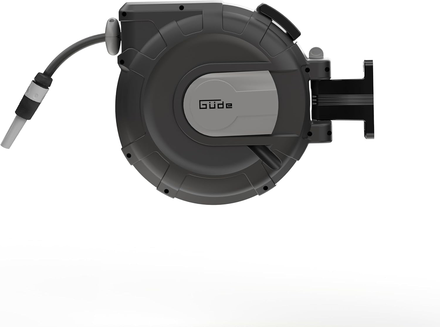 Enrollador de manguera automático Güde 20-2-2 1/2 (para montaje en pared, rotación de 180°, manguera de 20 m, rociador de agua, soporte de pared, retracción automática, tope de retracción, asa de transporte, 2 acoplamientos rápidos)