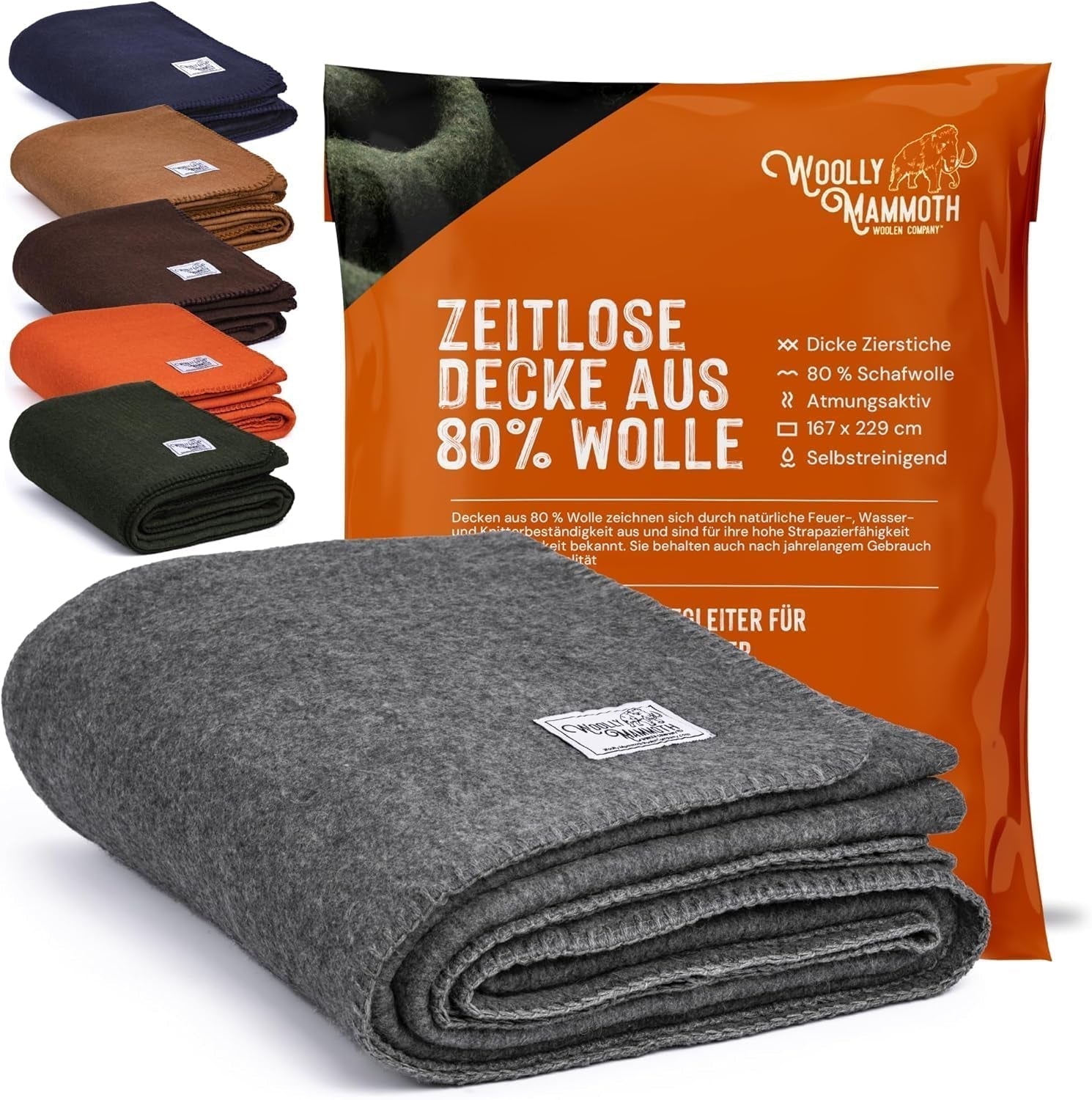Manta de camping Woolly Mammoth Woolen Co., extra grande, lana merino. El equipo perfecto para exteriores para bushcraft, camping, trekking, senderismo, supervivencia o manta de cabina. Marrón, 168 X 228 Woolly Mammoth Woolen Company Camas y mantas Gris 66" X 90"
