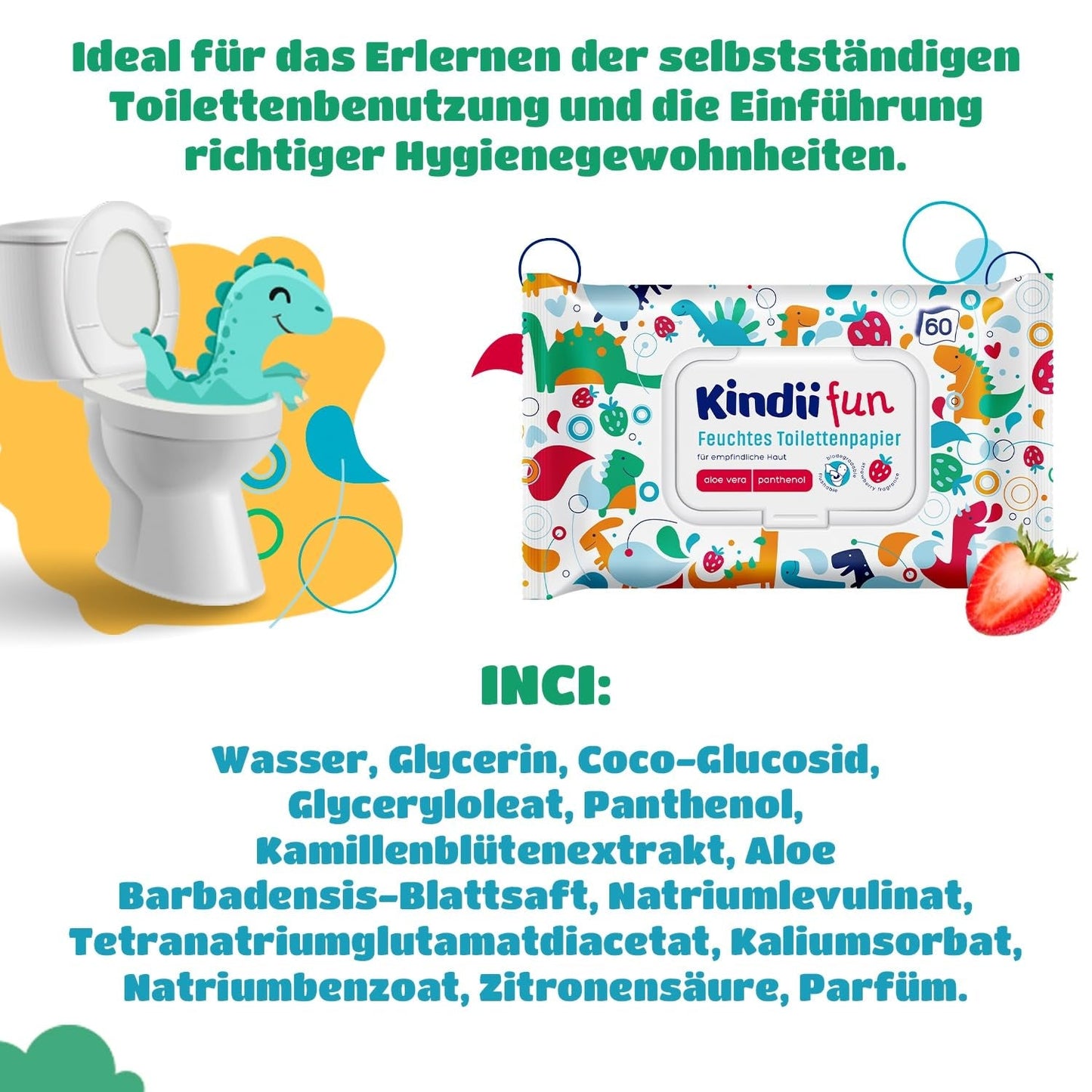 Kindii Fun Papel Higiénico Húmedo - (10X60 piezas) Papel Higiénico Húmedo - Manzanilla, Aloe Vera, Ph-Neutro, Hidrable, Refresca la zona íntima - 600 piezas