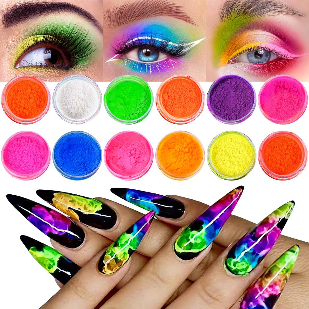 Pulverizador de pigmento de fósforo de neón para tapas de uñas - 12 colores Pulverizador de uñas con purpurina de neón Manicura Halloween Maquillaje de neón Decoración Nail Art Staub Pigment