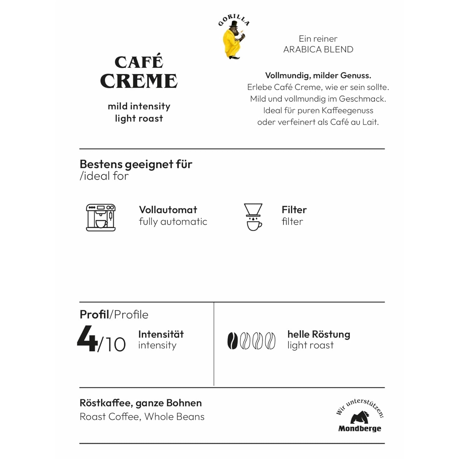 Crema Gorilla Café 6x 1000g | 100% Arábica-Bohnen tradicional | Ideal Volllautomaten Crema armonisches Aroma | geriger Koffeingehalt helle Röstung | Paquete de embalaje
