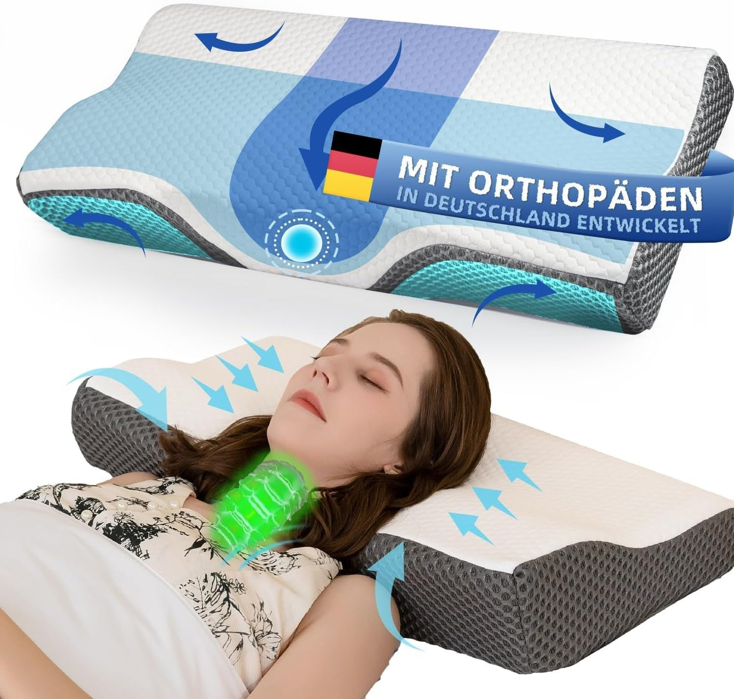Almohada para el dolor de cuello, almohada ortopédica ergonómica para el cuello, almohada de espuma viscoelástica para el abdomen y la espalda lateral, almohada antirronquidos para hombres y mujeres (62 * 34,5 * 12/8 cm) Almohadas ortopédicas cervicales Naty Shop Título predeterminado