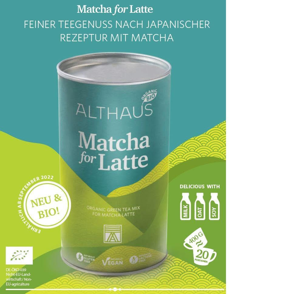 Matcha para café con leche Mezcla de té verde con azúcar de caña, 400 g, vegano, para 20 porciones