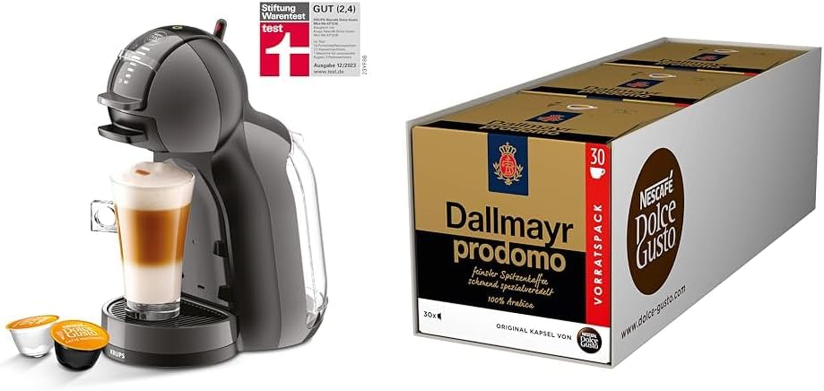 NESCAFÉ DOLCE GUSTO Krups KP1238 Mini Me Máquina de café en cápsulas, 15 bares, Cafetera compacta de alta presión, más de 30 creaciones de café, tamaño de bebida a elegir, Negro/Antracita con Dallmayr Prodomo