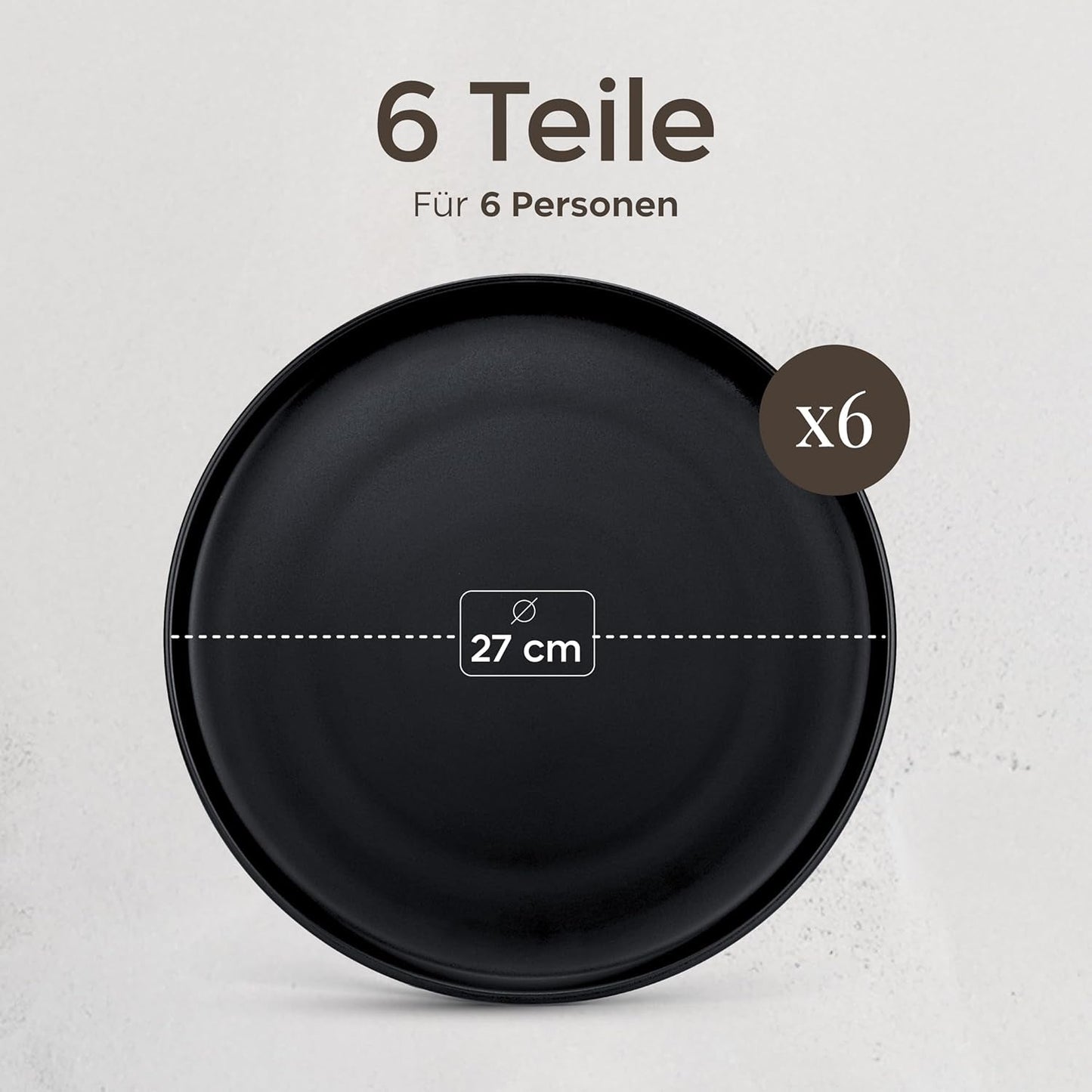 Juego de platos de gres para 6 - Negro mate Juego de 6 piezas Platos grandes aptos para microondas Diseño elegante - Colección Twinzee Ebony