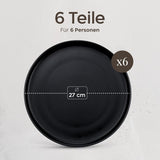 Juego de platos de gres para 6 - Negro mate Juego de 6 piezas Platos grandes aptos para microondas Diseño elegante - Colección Twinzee Ebony