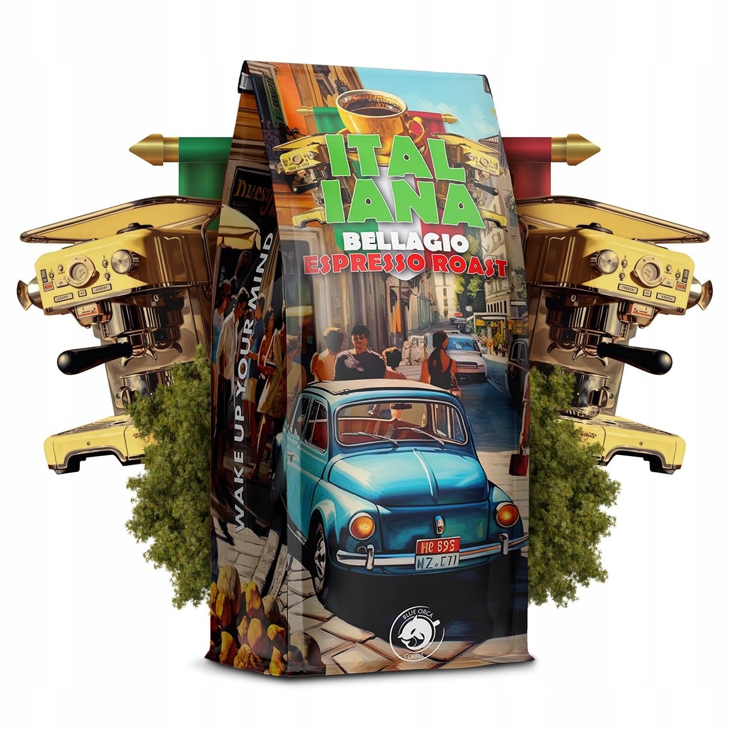 Café tostado en grano Italiana Bellagio 1kg | 80% Arábica y 20% Robusta | con toques de nueces y chocolate negro | recién tostado, baja acidez | para cafeteras | Café Orca Azul