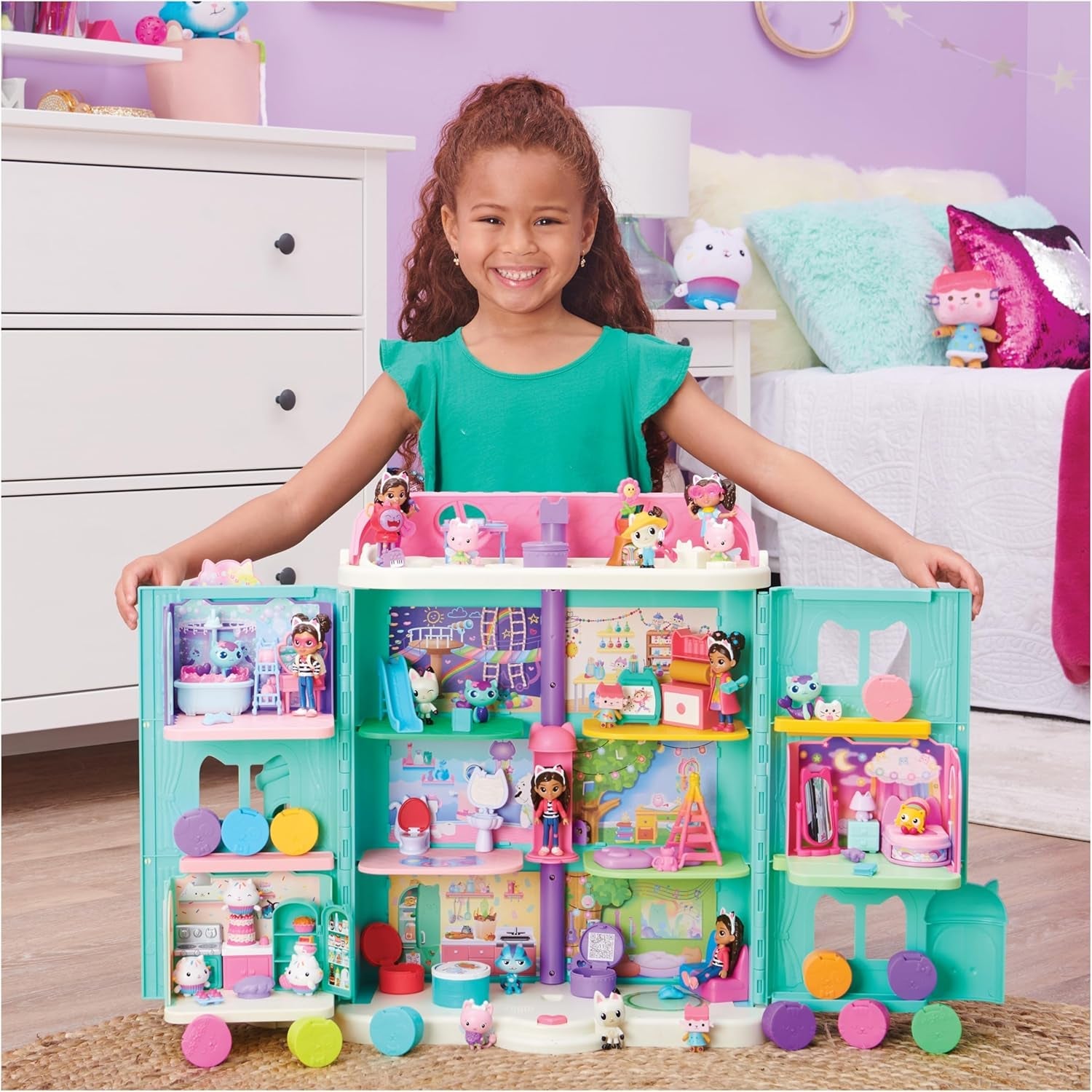Habitación Deluxe de la casa de muñecas de Gabby, habitación para gatos, muebles y 2 cajas sorpresa con accesorios temáticos, adecuada para edades de 3 años en adelante