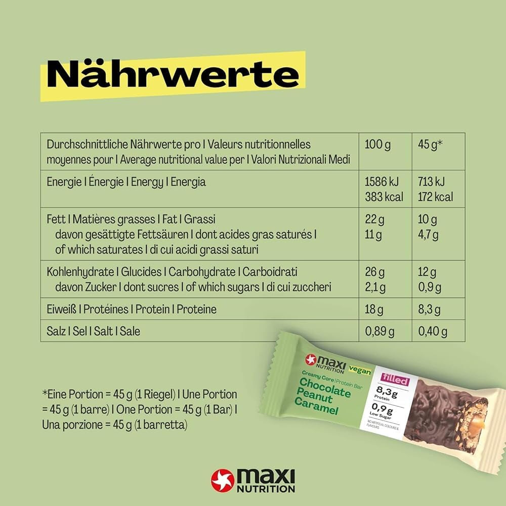 MaxiNutrition Barrita proteica vegana cremosa con chocolate, cacahuetes y caramelo 12x45g - barrita proteica vegana, 18% de proteína, 8,3 g por barrita, bajo contenido en azúcar (0,9 g), sin azúcar añadido, sin aromas artificiales