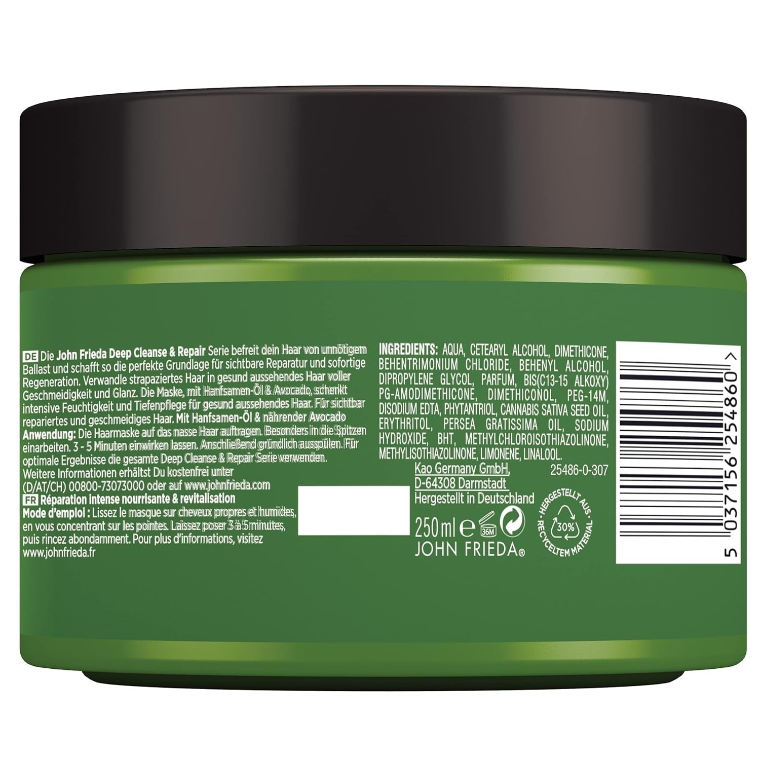 John Frieda - Mascarilla / Tratamiento Deep Cleanse & Repair - Contenido: 250 ml - Con aceite de semilla de cáñamo + aguacate nutritivo - Mascarilla capilar calmante para cabello dañado Mascarilla capilar Naty Shop