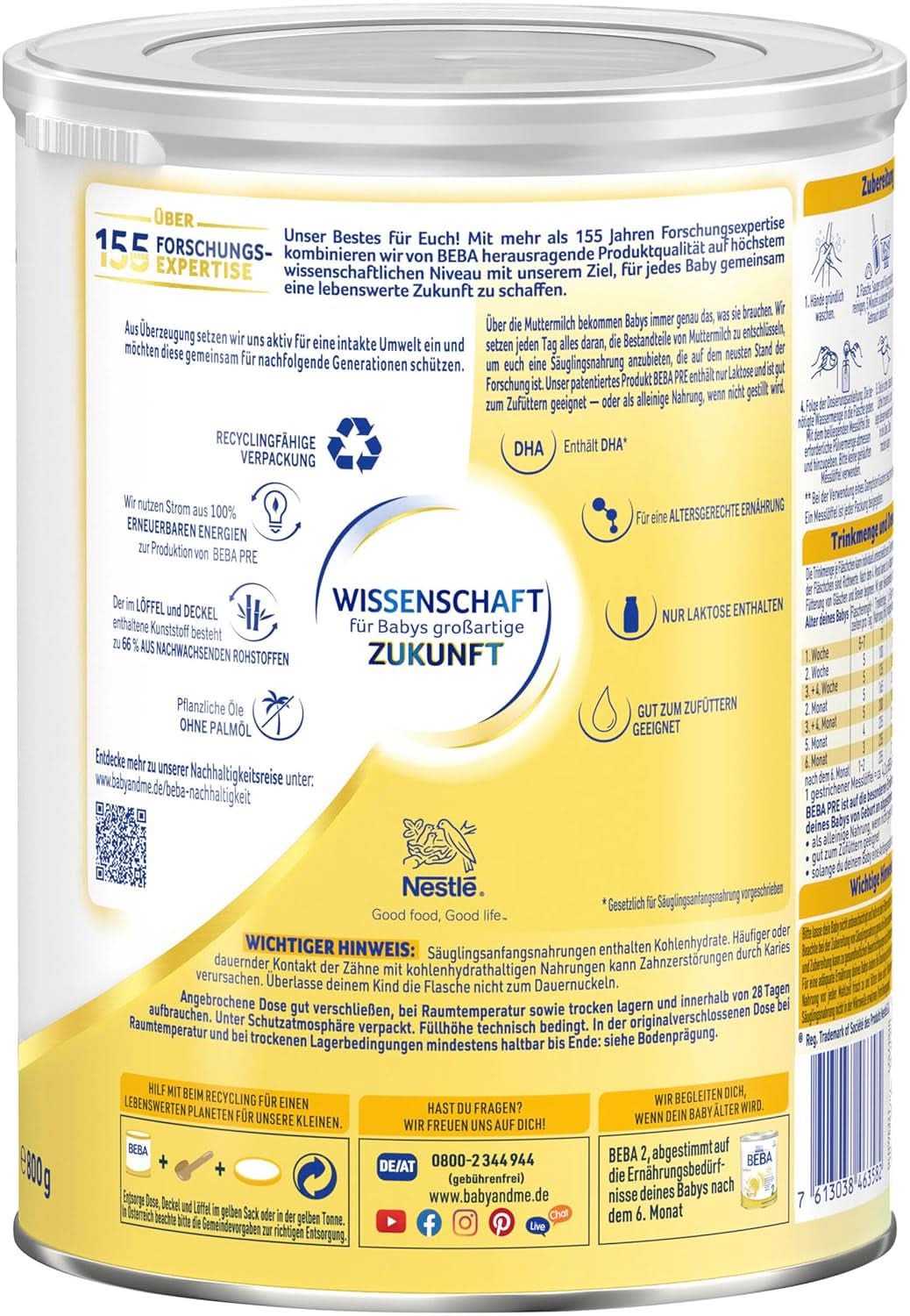 BEBA PRE Leche Inicial desde el Nacimiento, Papilla con DHA, Solo Lactosa, Sin Aceite de Palma, Pack 3 (3 x 800g) Naty Shop