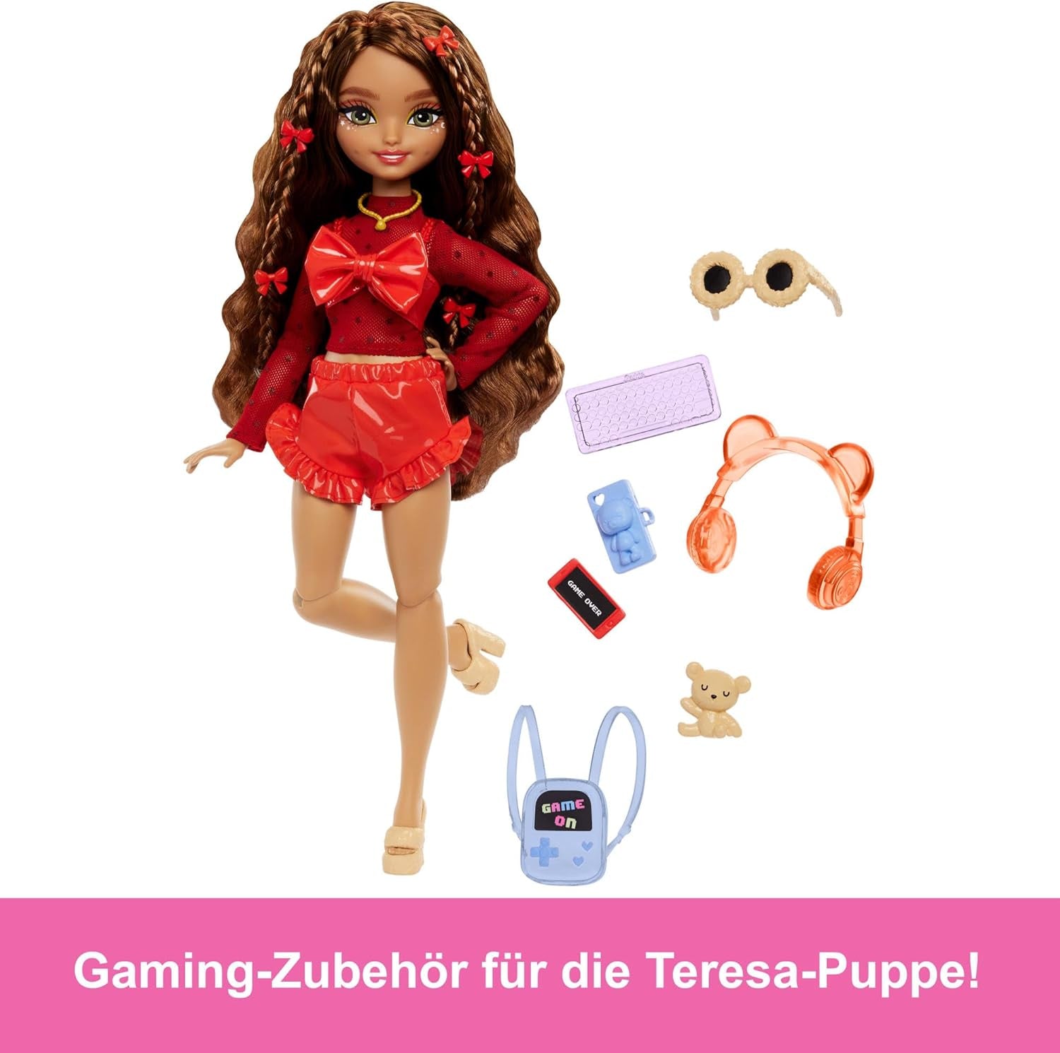 Barbie Dream Besties Muñeca y Accesorios, Muñeca Teresa Fashion Móvil con Cabello Castaño y Pinzas para el Cabello, Tema de Videojuego de 10 Piezas, HYC23 Naty Shop Dolls