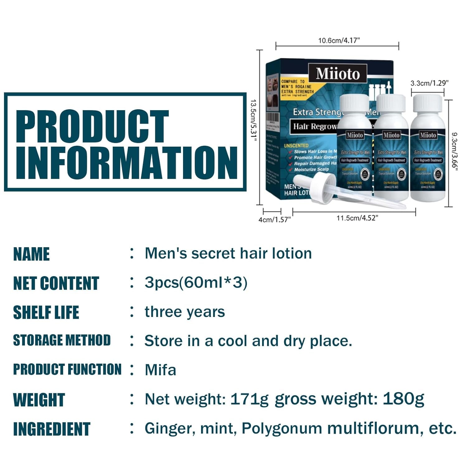Miioto Suero para el crecimiento del cabello Producto para el crecimiento del cabello para hombres Suero para el crecimiento del cabello Cuidado del cuero cabelludo Promueve un cabello más grueso Nutre el cuero cabelludo Previene la caída del cabello 3*60 ML Cuidado del cabello Naty Shop