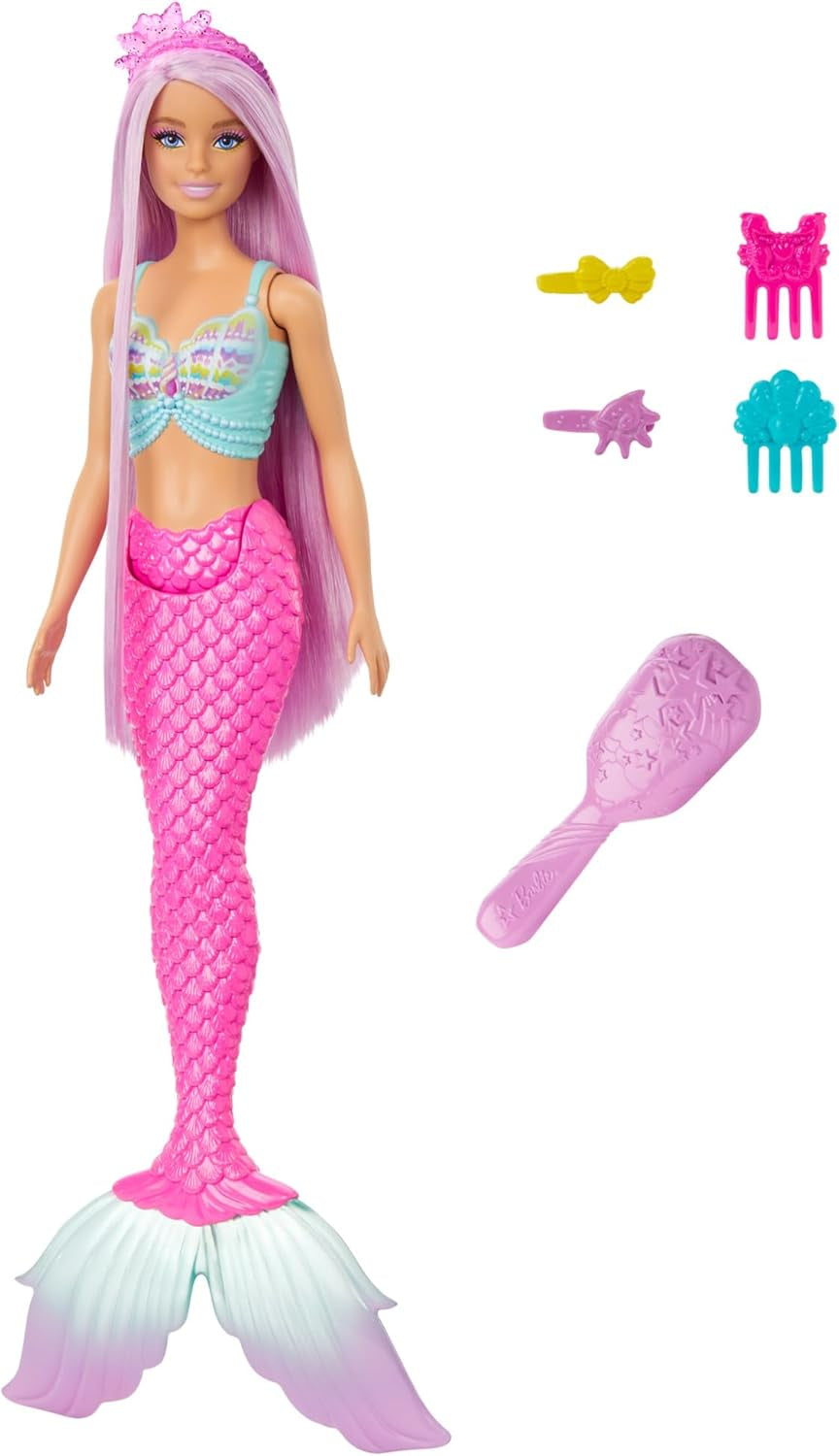 Muñeca Barbie Sirena: con pelo largo rosa y accesorios de peinado personalizados que incluyen cepillo, bonita concha y aletas rosas, para edades de 3 años en adelante, HRR00 Naty Shop Dolls Default Title