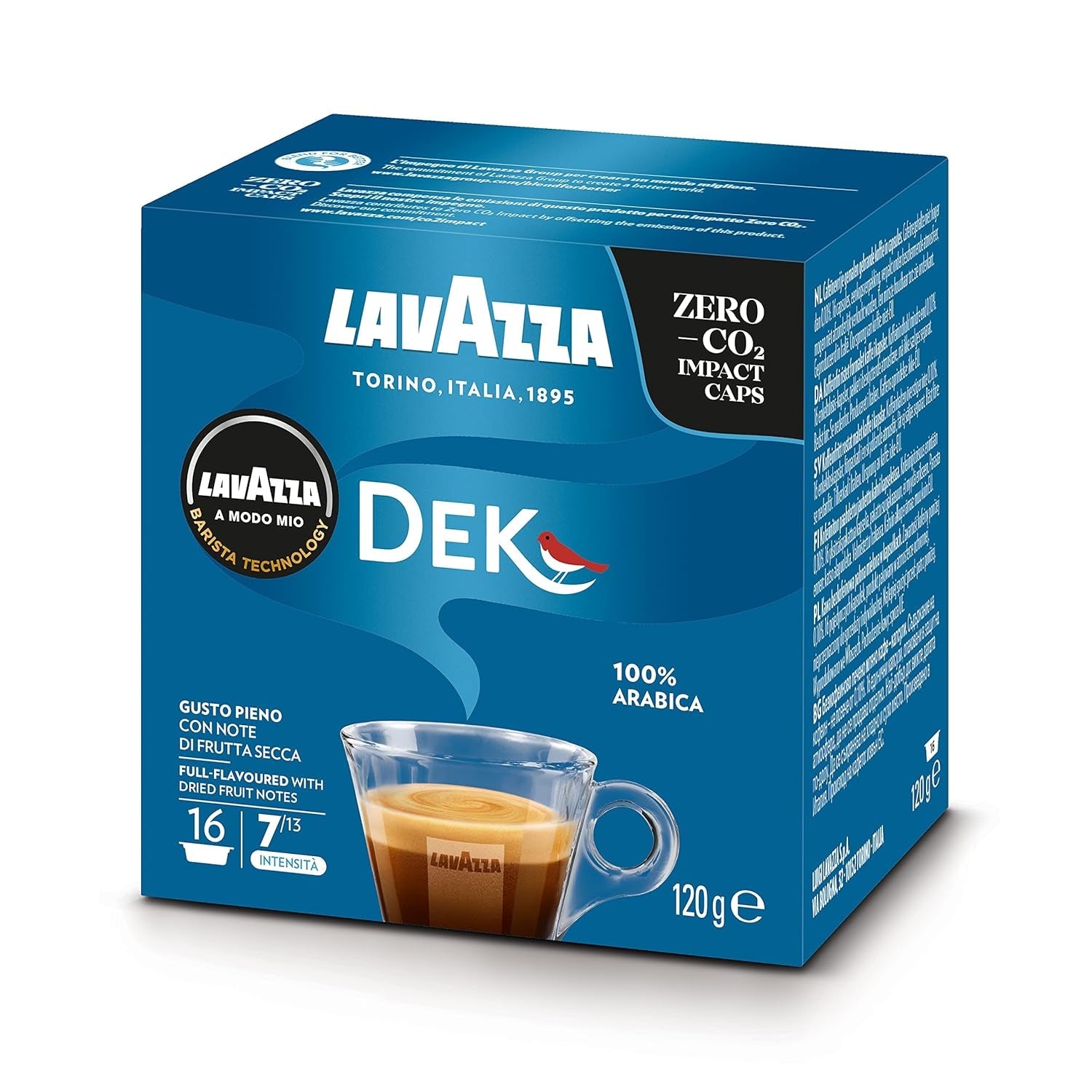 Lavazza A Modo Mio Dek Cremoso, 256 cápsulas de café, para espresso descafeinado con notas aromáticas de almendras y canditis, 100% Arábica, intensidad 7/13, tueste medio, 16 paquetes