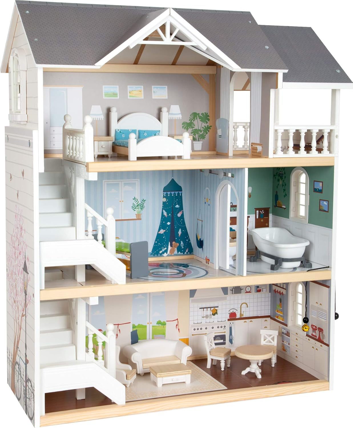 Small Foot Casa de Muñecas Casa Adosada de Madera de 3 Pisos con Frente Abierto y 12 Muebles para 3 Años y Más 11802 Casas de Muñecas Gris Blanco Naty Shop Casa Adosada