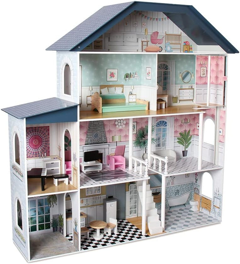 Deqube 913D00016 Casa de muñecas de madera, 4 plantas, Premium