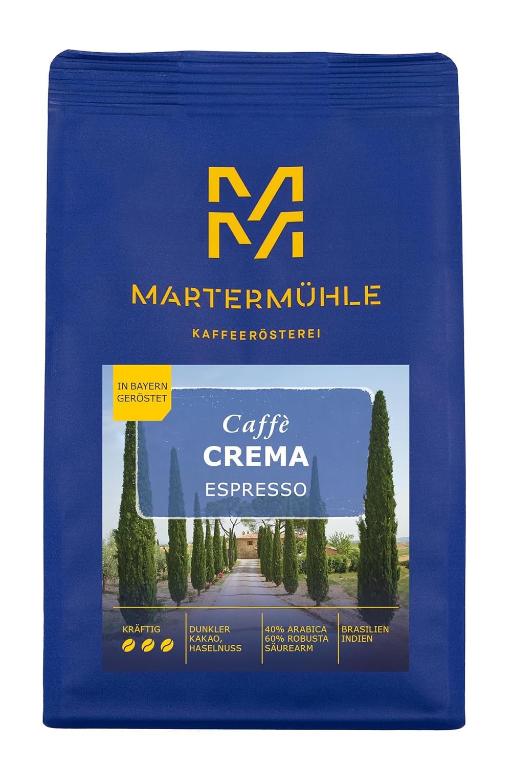 Martermühle Crema Espresso Fuerte 500g | Arábica/Robusta | Sabores: Cacao oscuro, avellana | Granos de espresso enteros ligeramente tostados, baja acidez