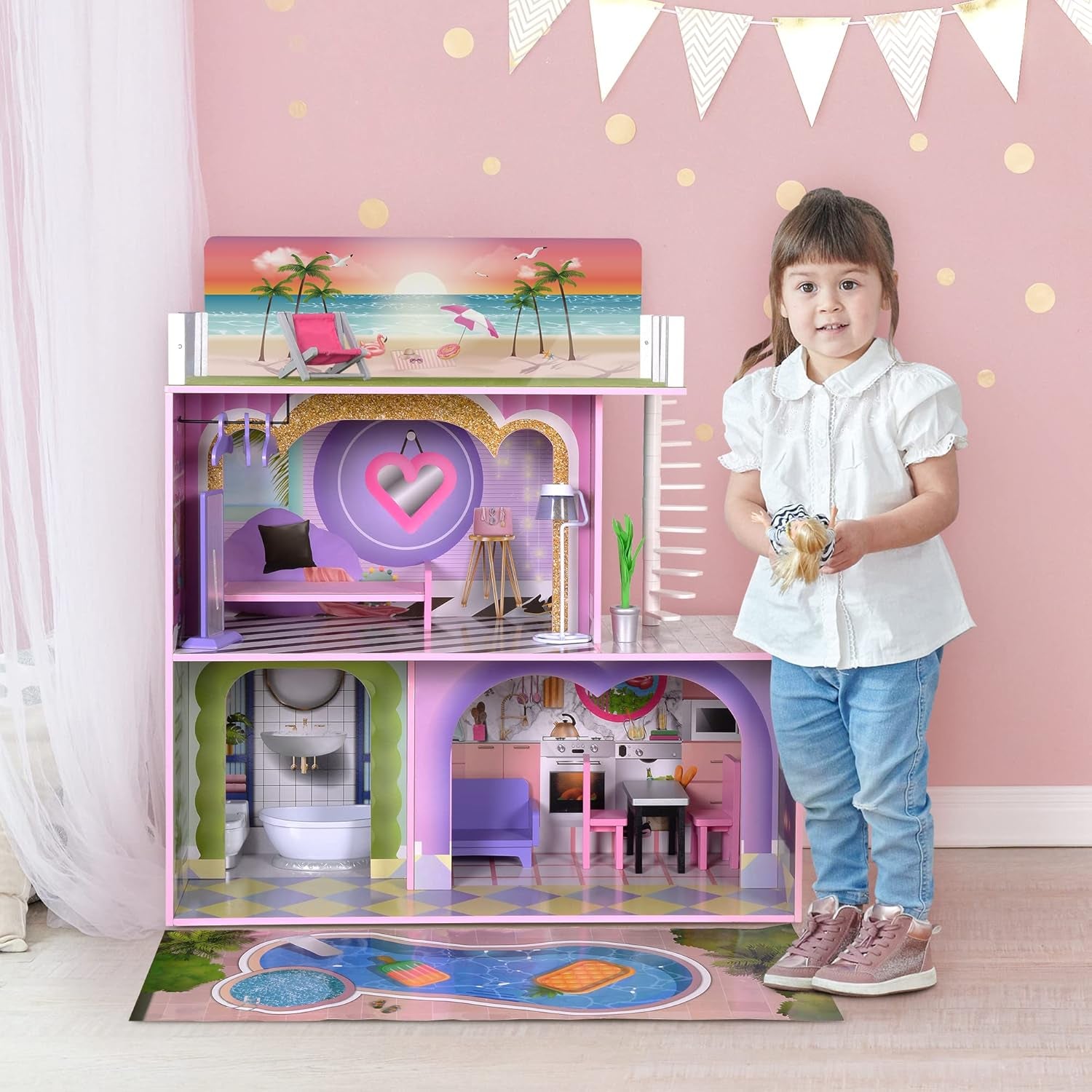 Olivia's Little World Big Dreamland Sunset Casa de Muñecas de Madera Interactiva para Niños Contemporánea 3 Pisos con 16 Muebles para Muñecas Accesorios Multi TD-13616A Casas de Muñecas Naty Shop