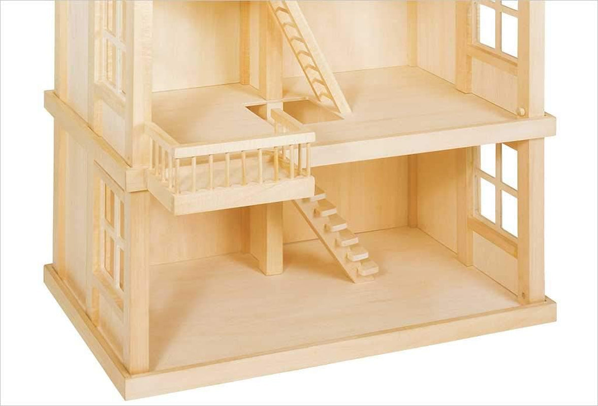 51957 Casa de muñecas de madera, 65 x 35 x 87,5 cm - Casa de muñecas grande de madera, 3 pisos, diseño abierto, techo rojo, escaleras y balcón para juegos de rol creativos, mundo de juegos de casa de muñecas
