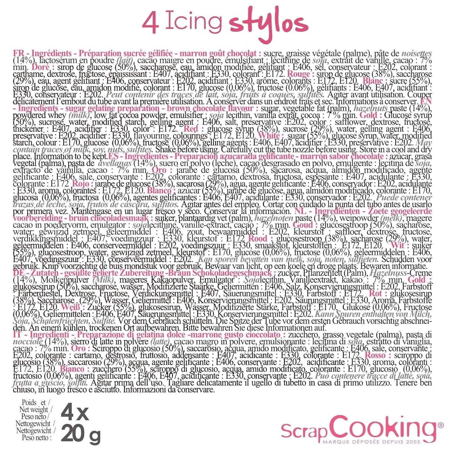 Scrapcooking - Rotuladores de 4 piezas: dorado, chocolate, blanco y rojo - Bolígrafos decorativos comestibles para escribir y dibujar en postres, pasteles y galletas