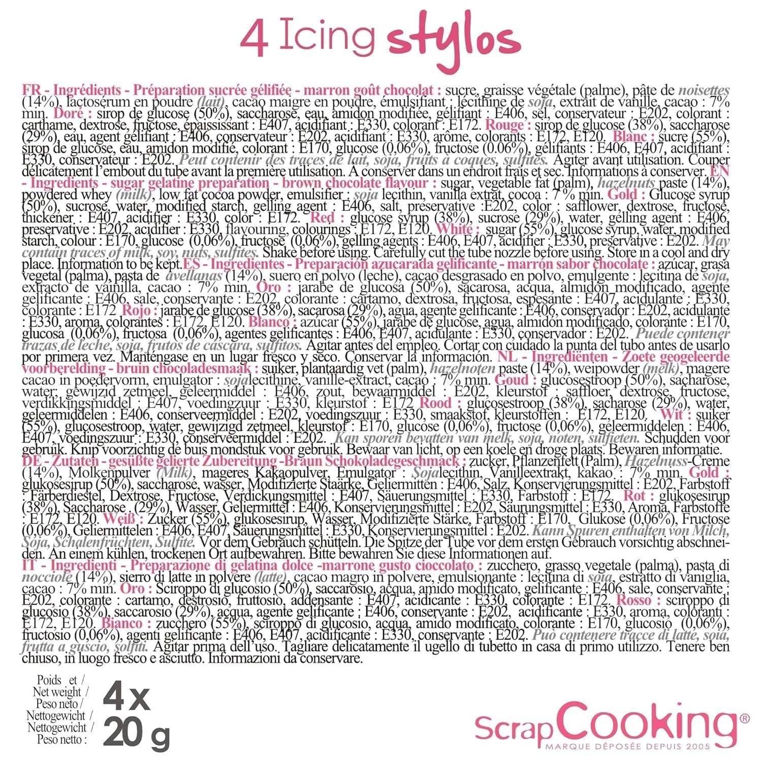 Scrapcooking - Rotuladores de 4 piezas: dorado, chocolate, blanco y rojo - Bolígrafos decorativos comestibles para escribir y dibujar en postres, pasteles y galletas