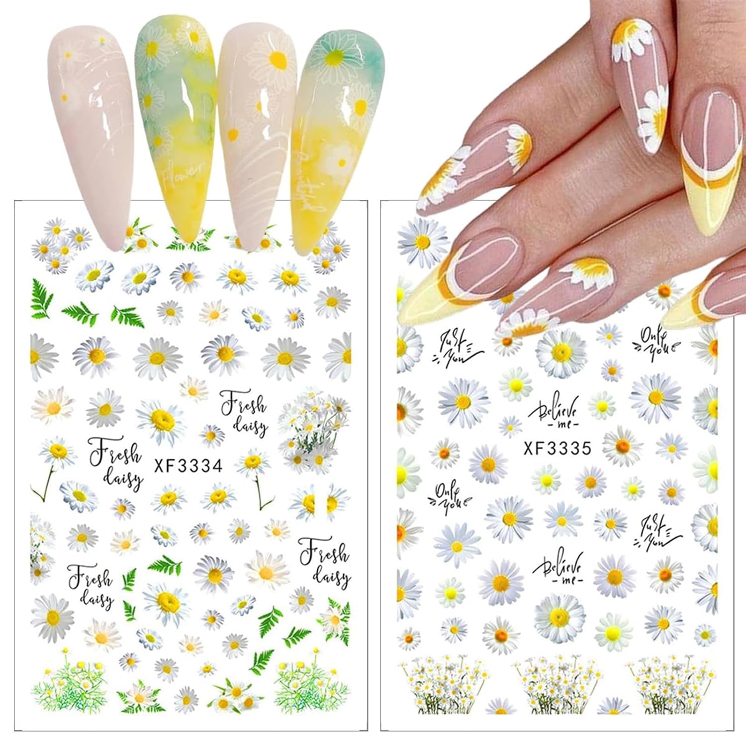 12 hojas de pegatinas para uñas con efecto 3D, curado UV, pegatinas para uñas de flores de larga duración, pegatinas artísticas para uñas con margaritas blancas y amarillas