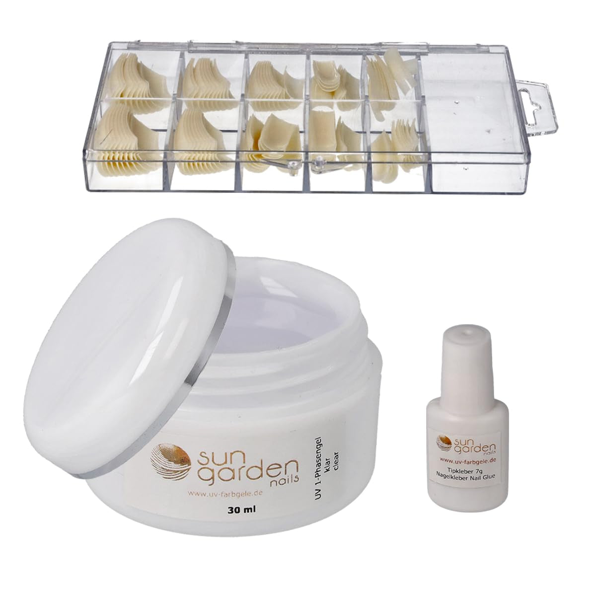 Sun Garden Nails gel transparente monofásico 30ml + caja de 100 tips + pegamento para puntas 7ml