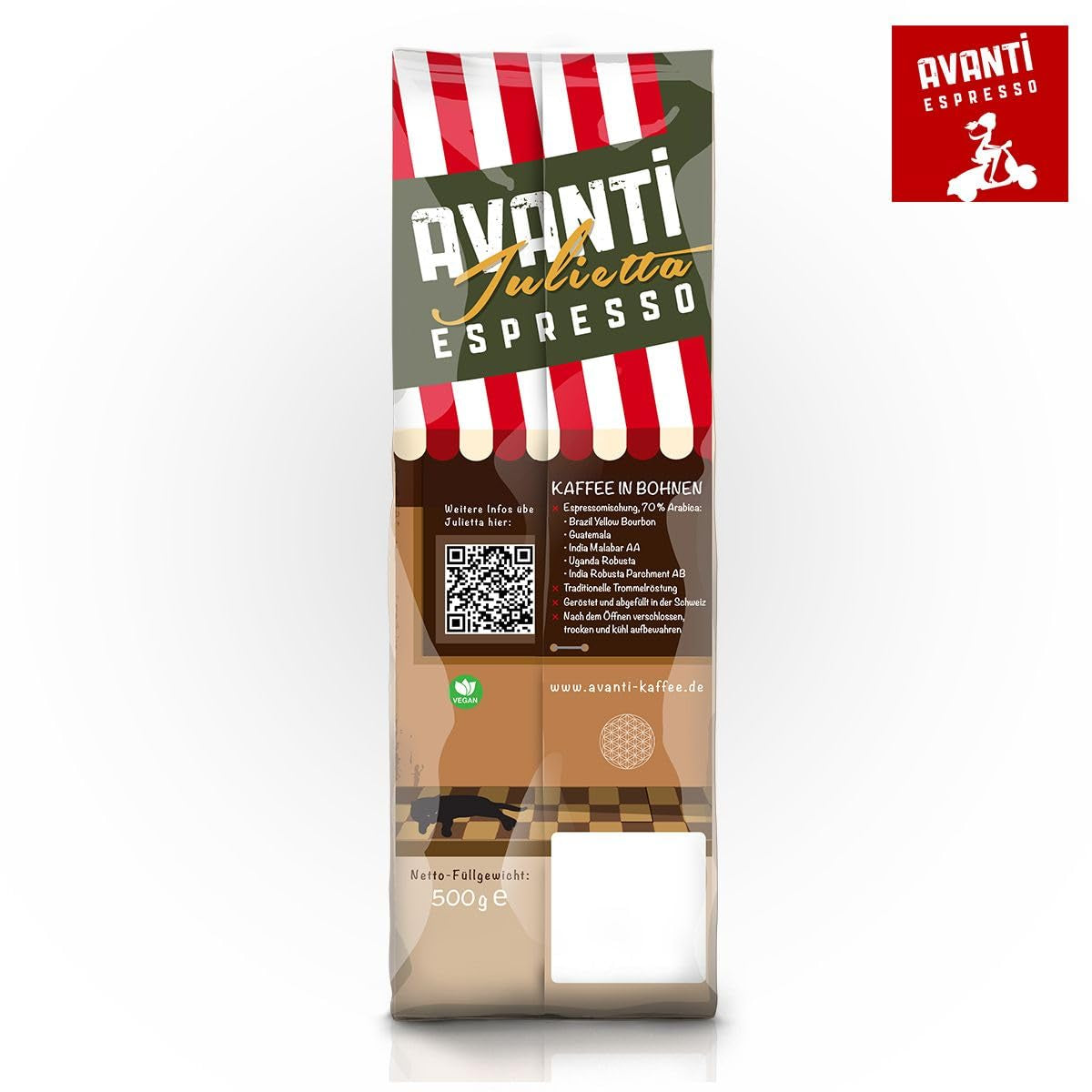 AVANTI Julietta Café en grano Espresso, 500g, 70% Arábica 30% Robusta, tueste tradicional en tambor