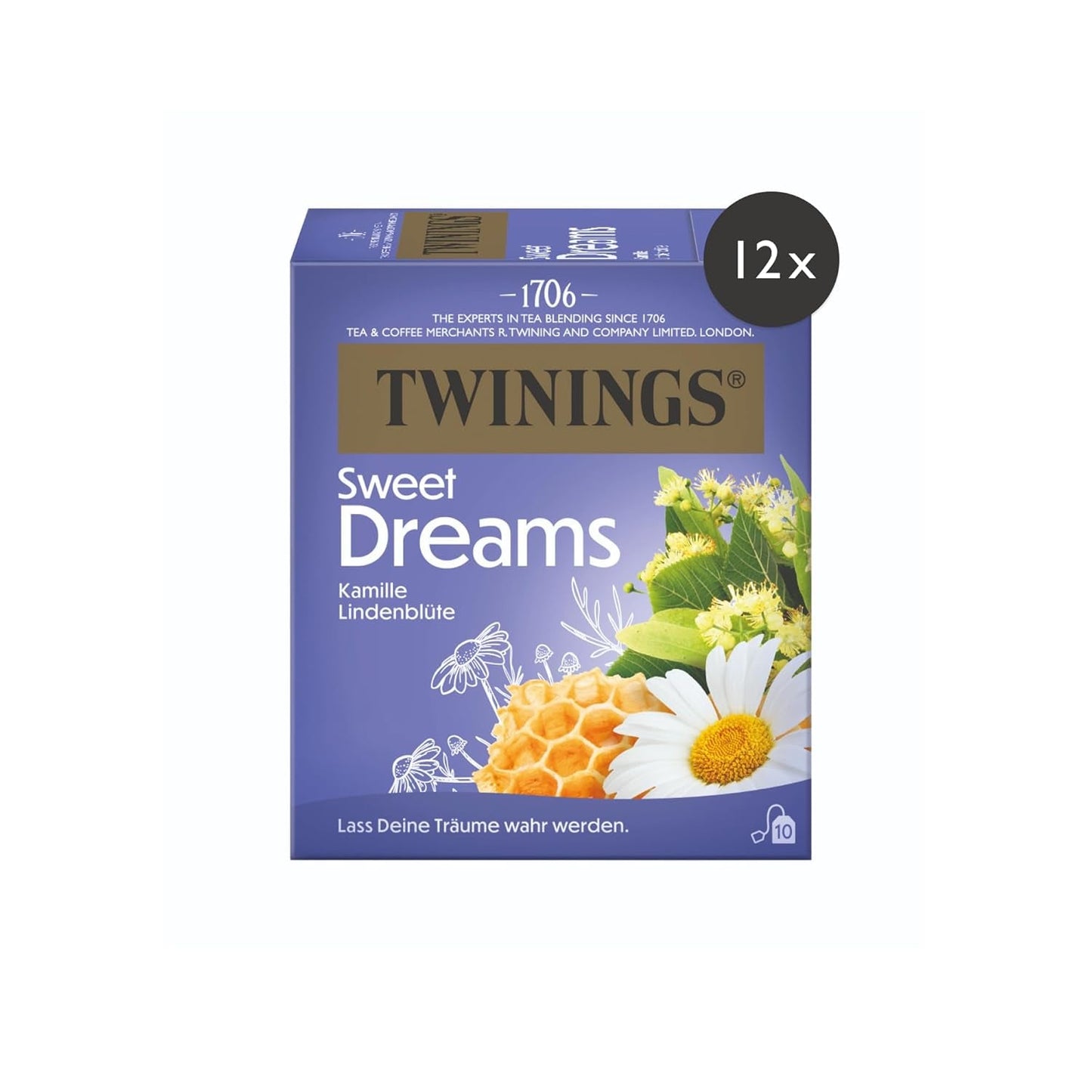 Twinings SWEET DREAMS Té de manzanilla con miel, naranja y flor de lima - Mezcla dulce de tés de hierbas para mejorar el sueño natural, paquete de 12 (10 bolsitas de té cada una)