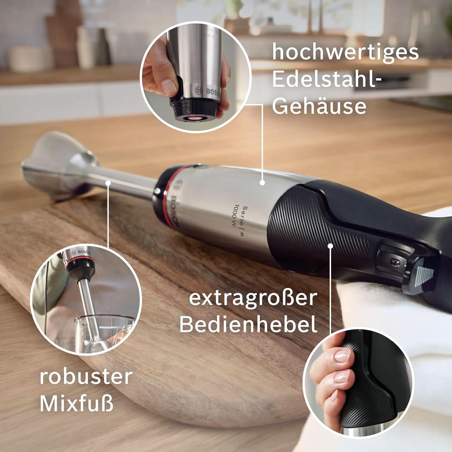 Bosch Stabmixer Ergomaster Serie 6 MSM6M673, 10 Jahre Motorgarantie, Edelstahl-Klingen, Verschleißfreie Keramik-Kupplung, Luftkühlung, Zerkleinerer, Kartoffelstampfer, Schneebesen, 1000 W Cocina Naty Shop