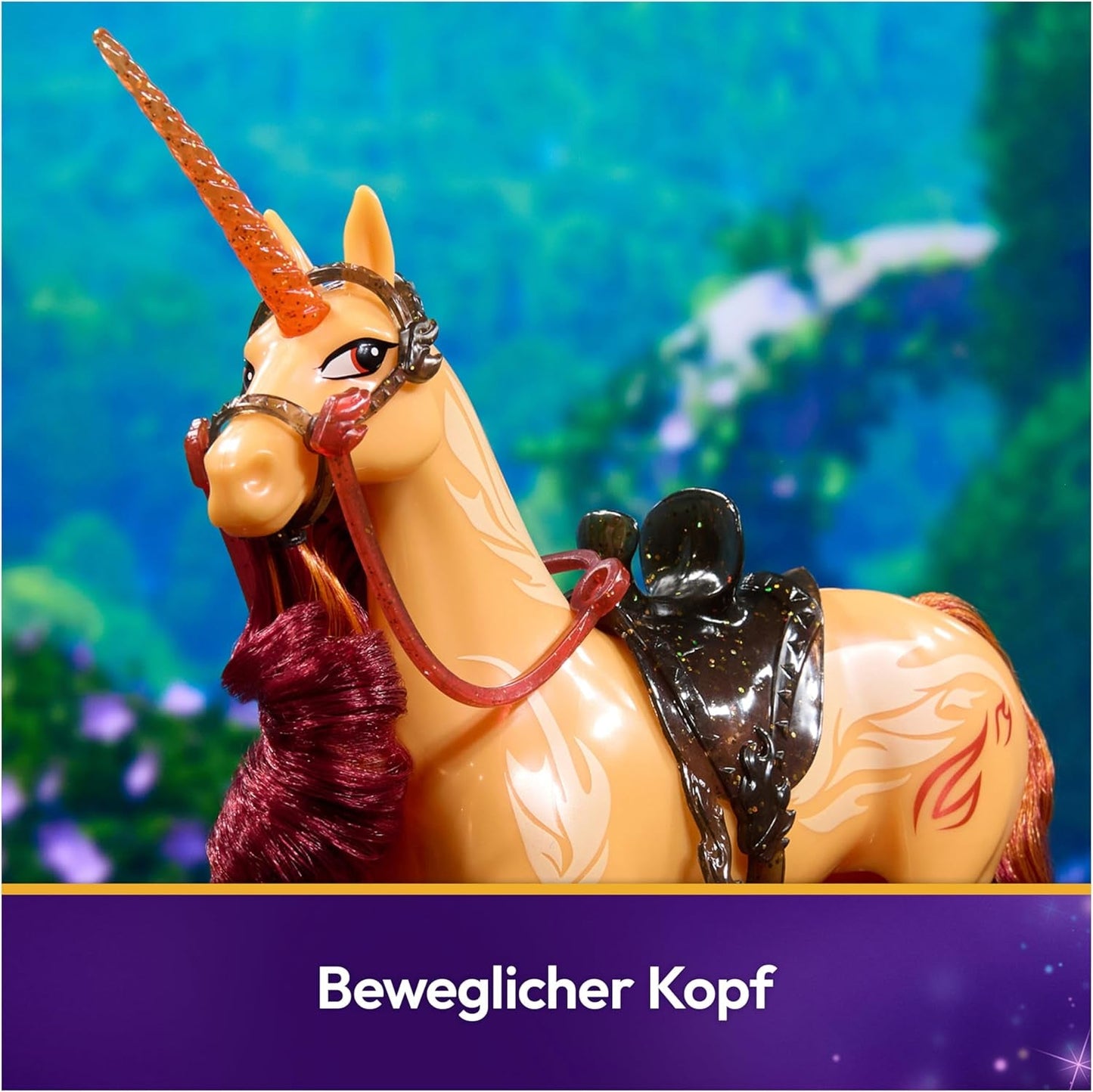 Unicorn Academy Cinder the Unicorn - Unicornio Valentina original de 28 cm de altura de la serie de Netflix, con melena y cola reales, brida, silla y cepillo extraíbles, para niños a partir de 4 años