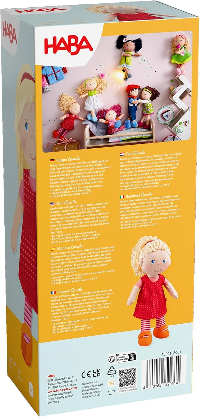 HABA 302108 - Muñeca Annelie, muñeca de tela con ropa y pelo, 30 cm, juguete a partir de 18 meses, roja Muñecas Naty Shop