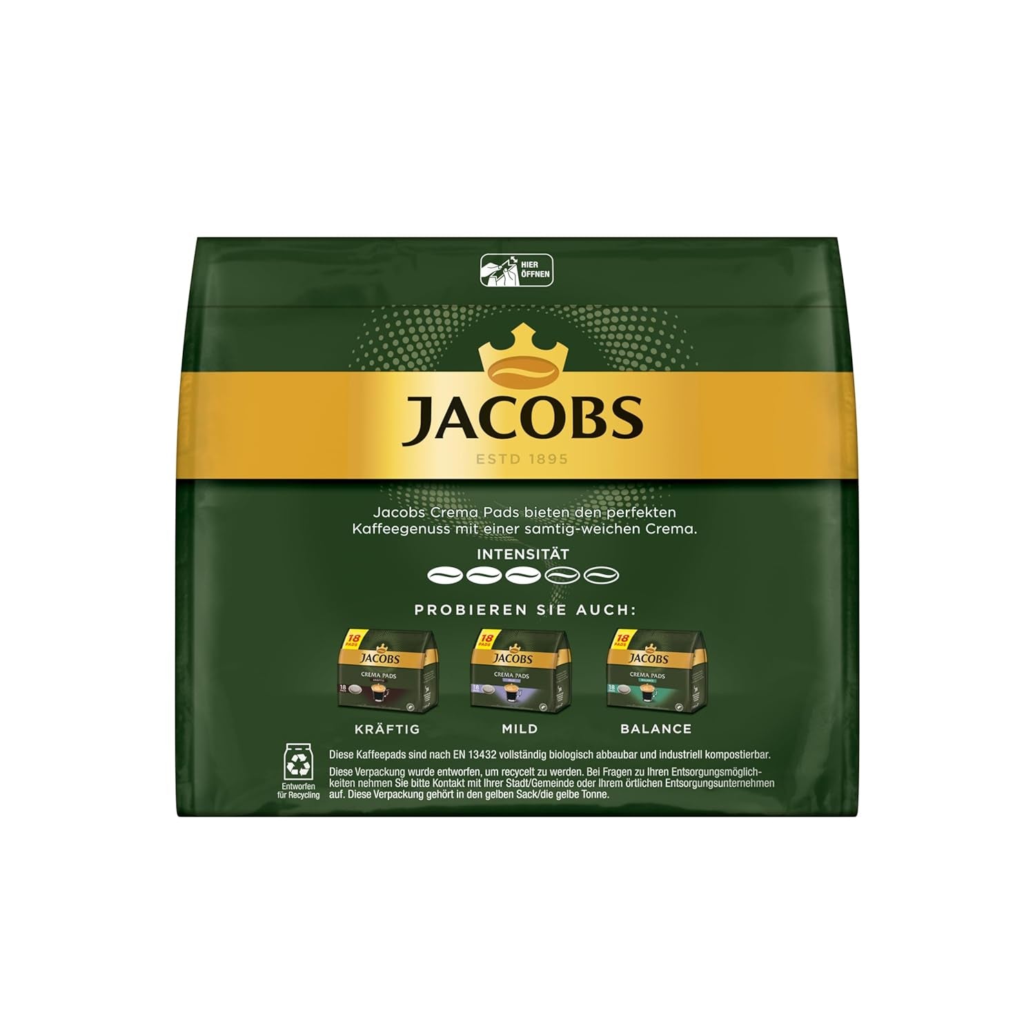 Jacobs Pads Cream, Pads compatibles con Senseo, 5 x 18 Getränke, 90 Kaffeepads