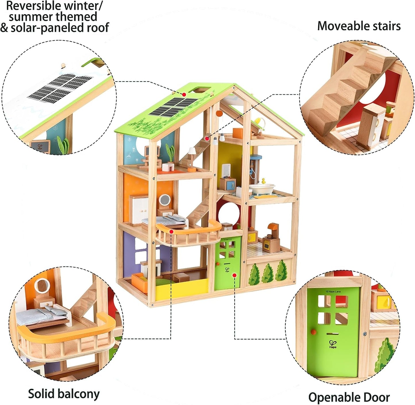 Casa de muñecas Hape Four Seasons: galardonada casa de muñecas de madera de tres pisos con muebles, accesorios, escaleras corredizas y techo reversible para todas las estaciones, para niños de 3 años en adelante