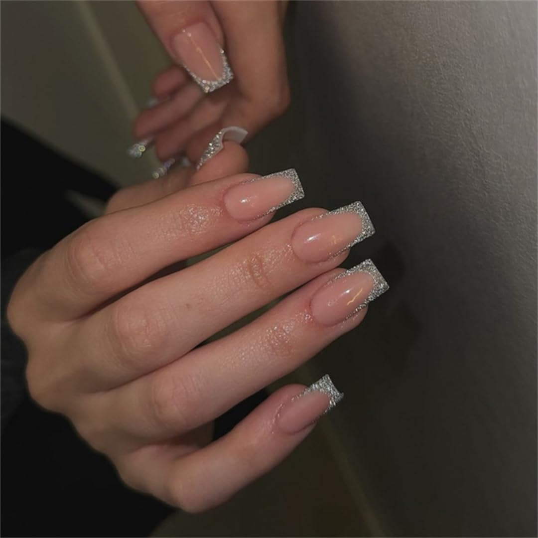 Puntas francesas largas, pegamento con purpurina dorada en uñas cuadradas largas, juego de uñas postizas con punta francesa y purpurina, uñas artificiales cuadradas para mujer, 24 Uds.