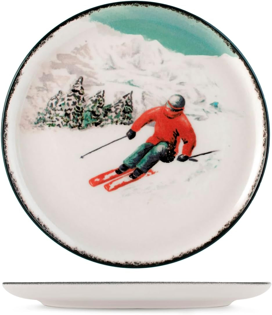 Winter Escape Juego de vajilla navideña de gres de 12 piezas - Diseño nórdico de esquiador de invierno - Apto para lavavajillas y microondas