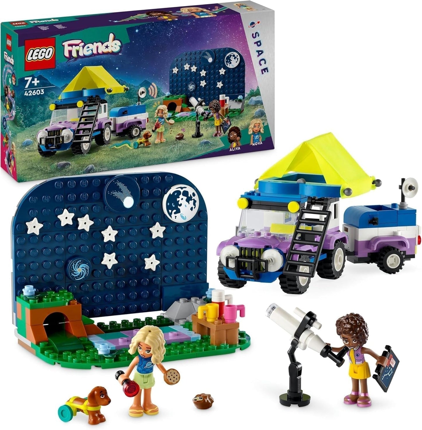 LEGO Friends Set de vehículo de acampada Stargazer con vehículo todoterreno y telescopio de juguete, regalo para niñas y niños a partir de 7 años, incluye figuras de juego Nova, Aliya y un perro 42603 Juegos de construcción Besuche den LEGO-Store Single