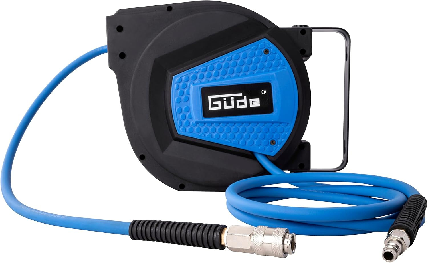 Enrollador de manguera automático Güde 10 m (presión de trabajo 12 bar, rotación de 180°, manguera de aire comprimido extremadamente flexible, resistente al aceite y a la temperatura, rosca de conexión 1/4", soporte de pared)