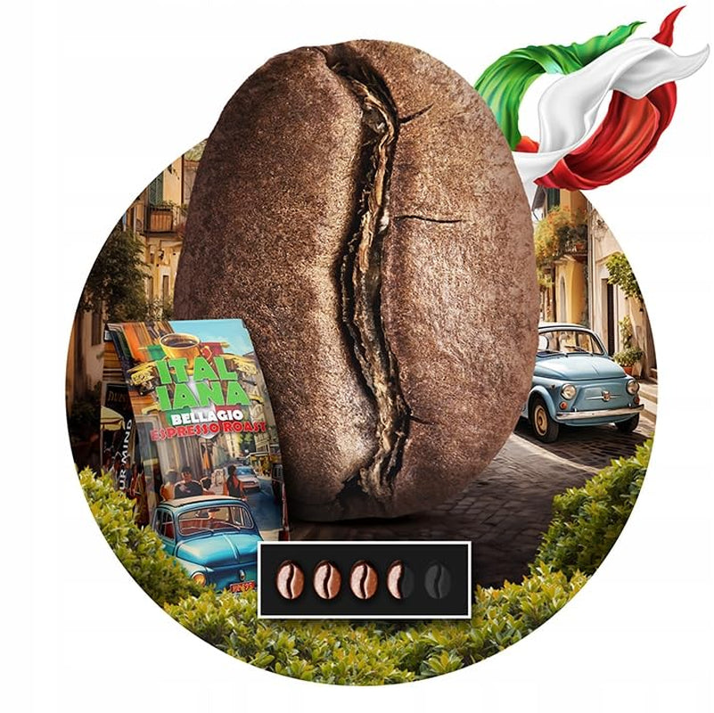 Café tostado en grano Italiana Bellagio 1kg | 80% Arábica y 20% Robusta | con toques de nueces y chocolate negro | recién tostado, baja acidez | para cafeteras | Café Orca Azul