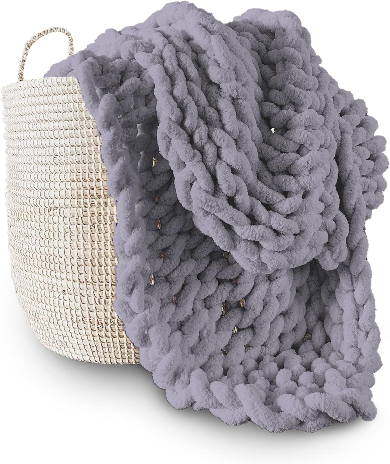 Manta de punto grueso, manta, 100% tejida a mano con hilo de chenilla jumbo (127 X 152,4 Cm, gris lila) Adyrescia Camas y Edredones Gris 50 "X60"