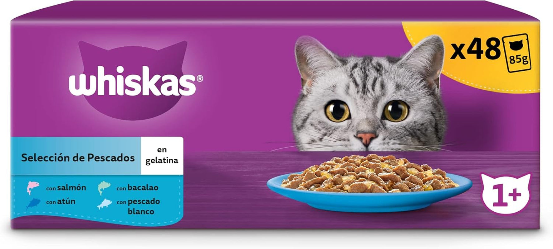 Whiskas Nassfutter für ausgewachsene Katzen, Fischauswahl en gelatina (paquete múltiple, 4 x 12 x 85 g)