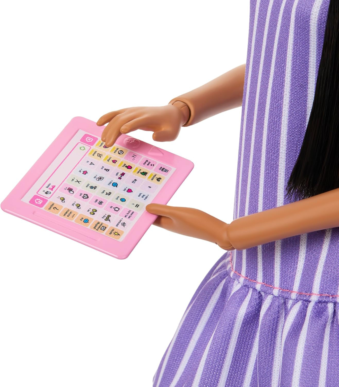 Muñeca Barbie Fashionistas núm. 245, muñeca autista con vestido de rayas moradas y accesorios como fidget spinner, tableta y auriculares, JJN58