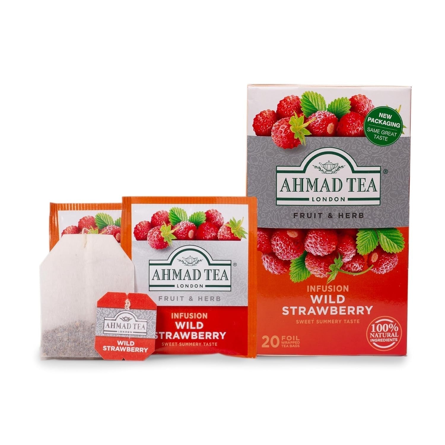 Ahmad Tea - Fresa silvestre - Té de frutas y hierbas descafeinado - Fresa - Sabor a bolsitas de té envueltas individualmente selladas con 2 g de té por porción - 20 bolsitas de té con bandas