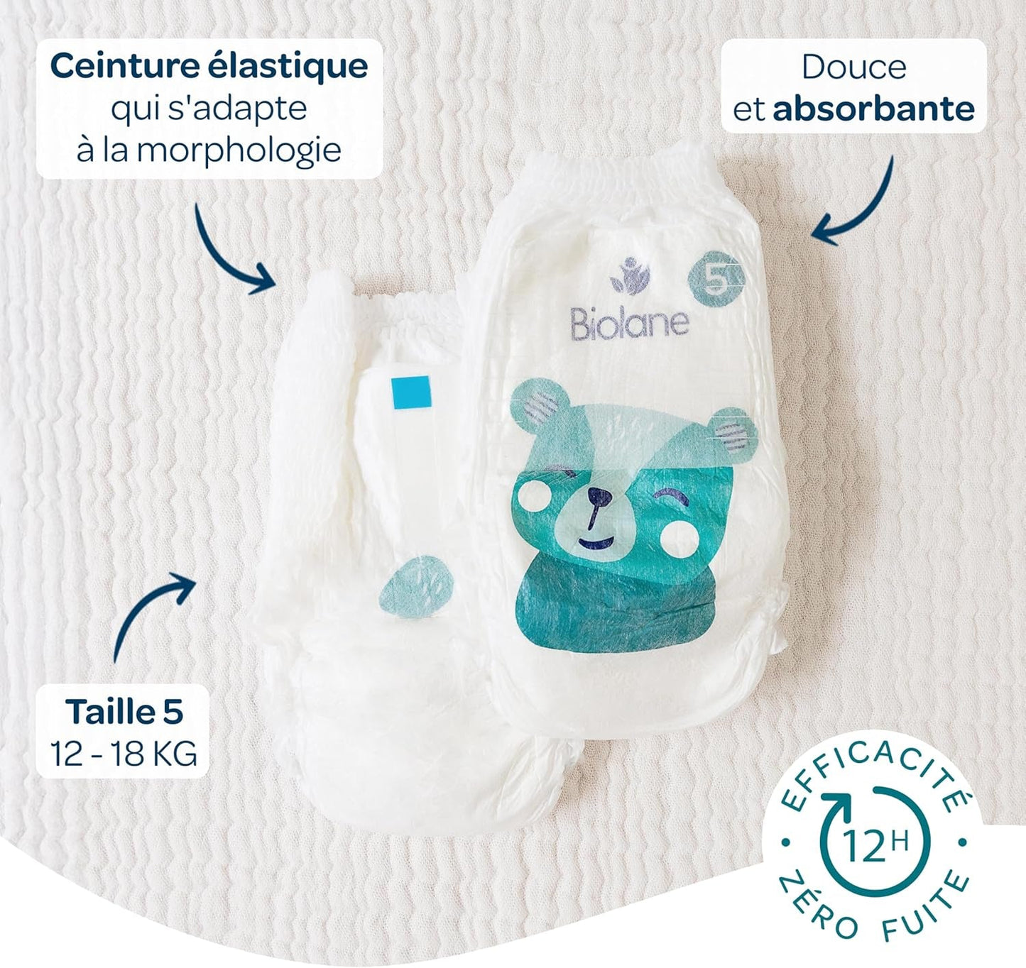 BIOLANE - Pañales cortos - Talla 5 (12-18 kg) - Estanqueidad 12 horas - Pack 1 mes - 120 pañales - ecológicos