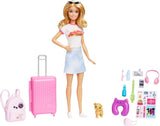 Muñeca Barbie, Barbie de viaje con cabello rubio, más de 10 accesorios de viaje, pegatinas, maleta, cachorro, incluye 1 muñeca, regalo para niños, juguete para mayores de 3 años, HJY18