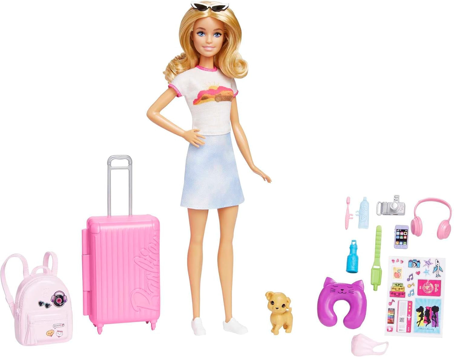 Muñeca Barbie, Barbie de viaje con cabello rubio, más de 10 accesorios de viaje, pegatinas, maleta, cachorro, incluye 1 muñeca, regalo para niños, juguete para mayores de 3 años, HJY18