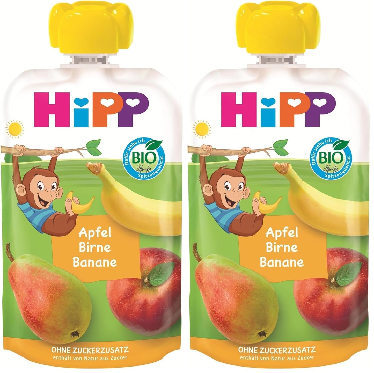 HiPP bolsas de fruta ecológica, exprimibles, manzana, pera, plátano - Anton Maimuta (8 x 100 g), a partir de 1 año, 100% puré de fruta, sin azúcares añadidos, vegano, la mejor calidad ecológica (paquete de 2)