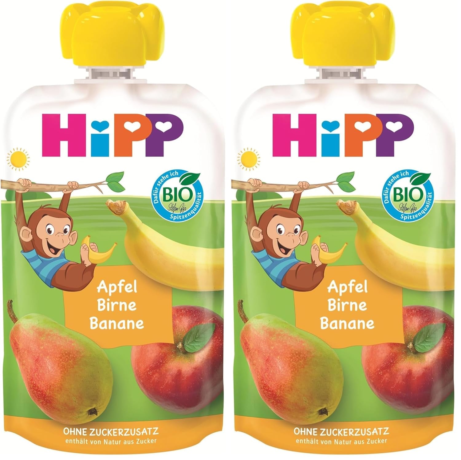 HiPP bolsas de fruta ecológica, exprimibles, manzana, pera, plátano - Anton Maimuta (8 x 100 g), a partir de 1 año, 100% puré de fruta, sin azúcares añadidos, vegano, la mejor calidad ecológica (paquete de 2)