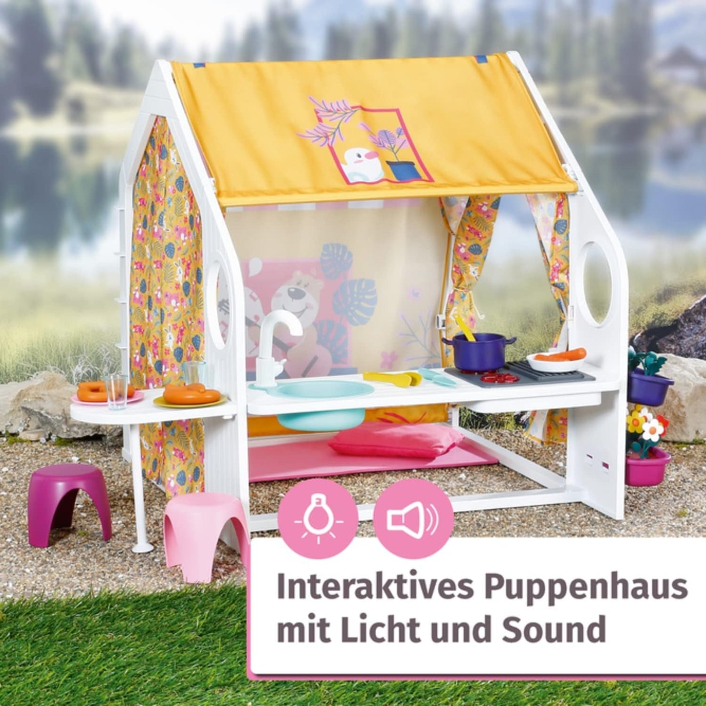 BABY born Dollhouse, Weekend House con función de luz y sonido, paneles laterales abatibles, fregadero, parrilla y muchos accesorios, 832752, Zapf Creation